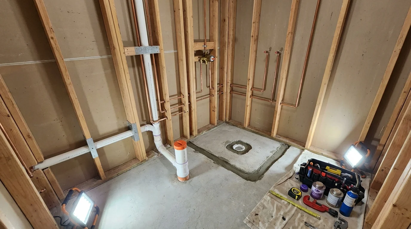 Bathroom rough-in plumbing during remodel by Johns Plumbing LLC in Naugatuck