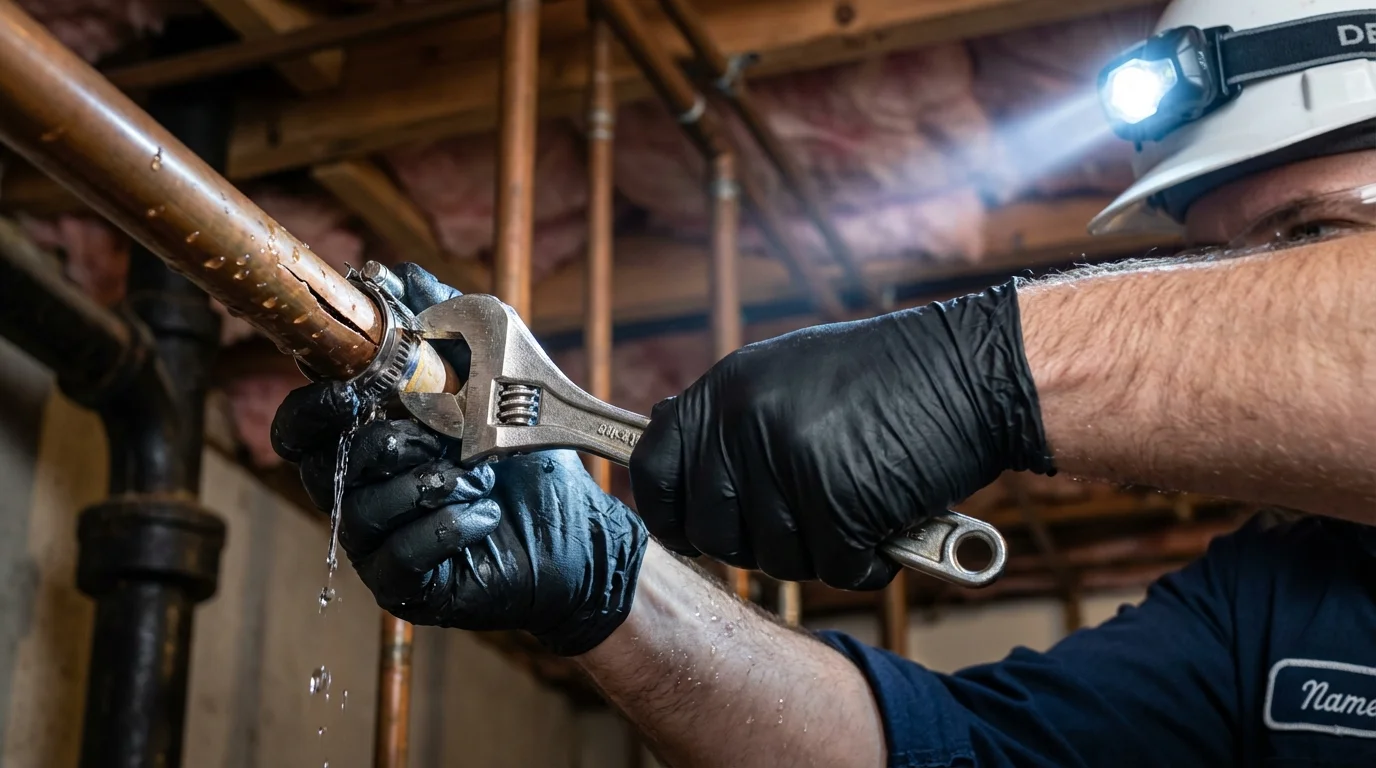 Emergency pipe clamp repair being performed by a Johns Plumbing LLC plumber in Naugatuck