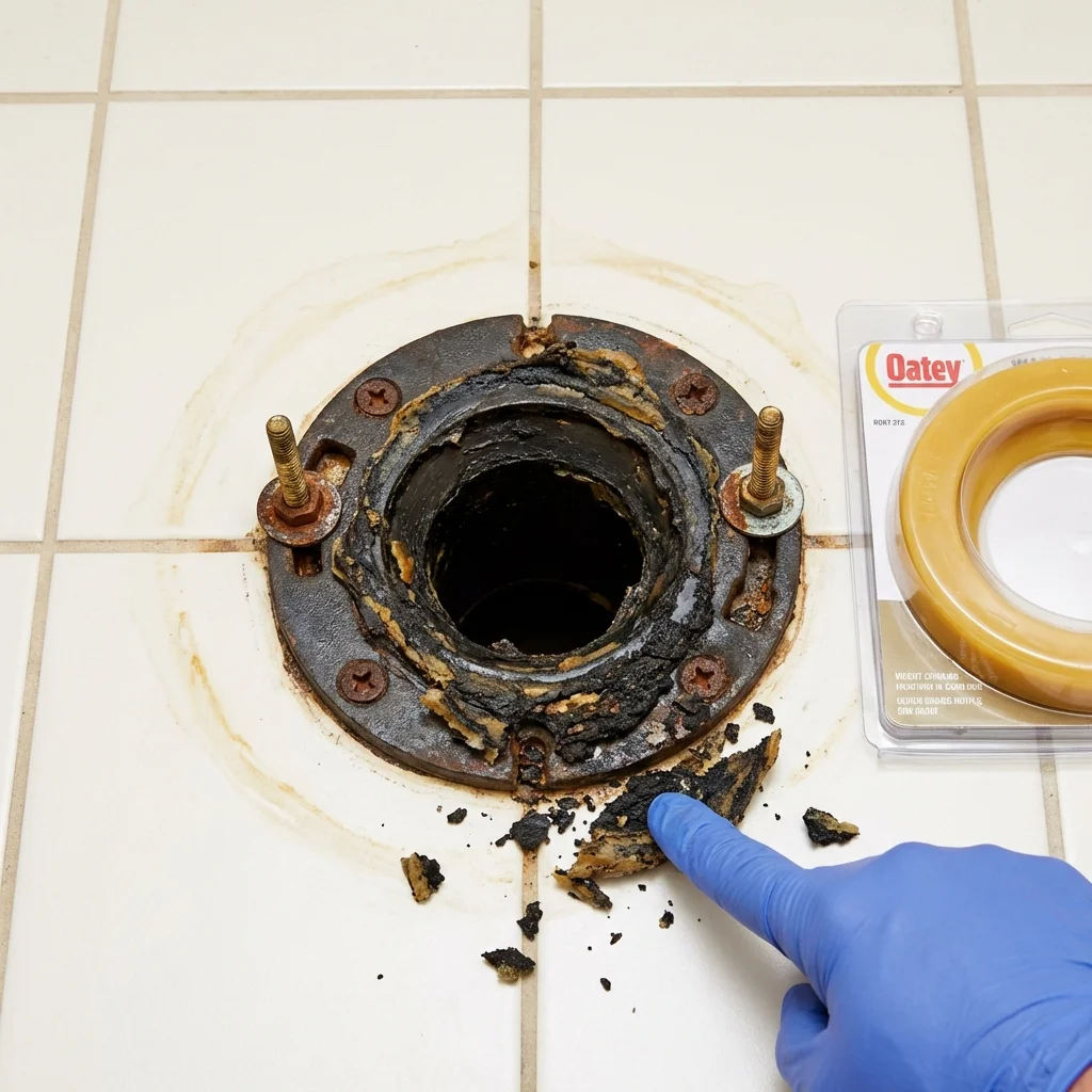 Failed wax ring showing water seepage at the base of a toilet in a Naugatuck, CT home